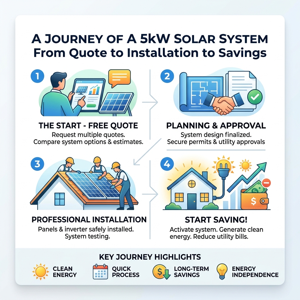 Infographic showing 5kW solar system journey from quote to installation to savings - 5kw solar system installed price Infographic showing 5kW solar system journey from quote to installation to savings - 5kw solar system installed price