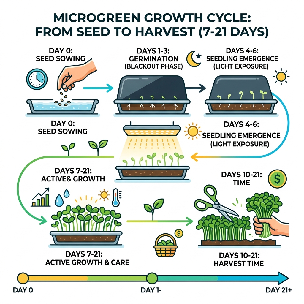 Microgreen growth cycle infographic from seed to harvest in 7-21 days with key stages - how to start a microgreen business