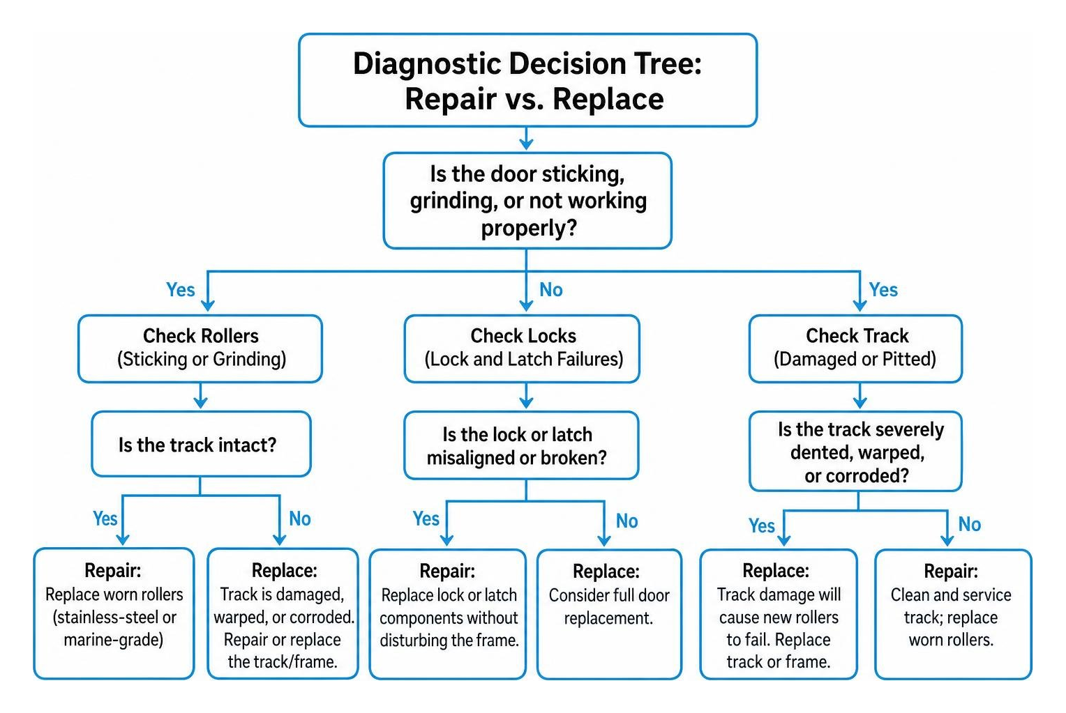 Diagnostic decision tree for sliding door repair versus complete replacement Diagnostic decision tree for sliding door repair versus complete replacement