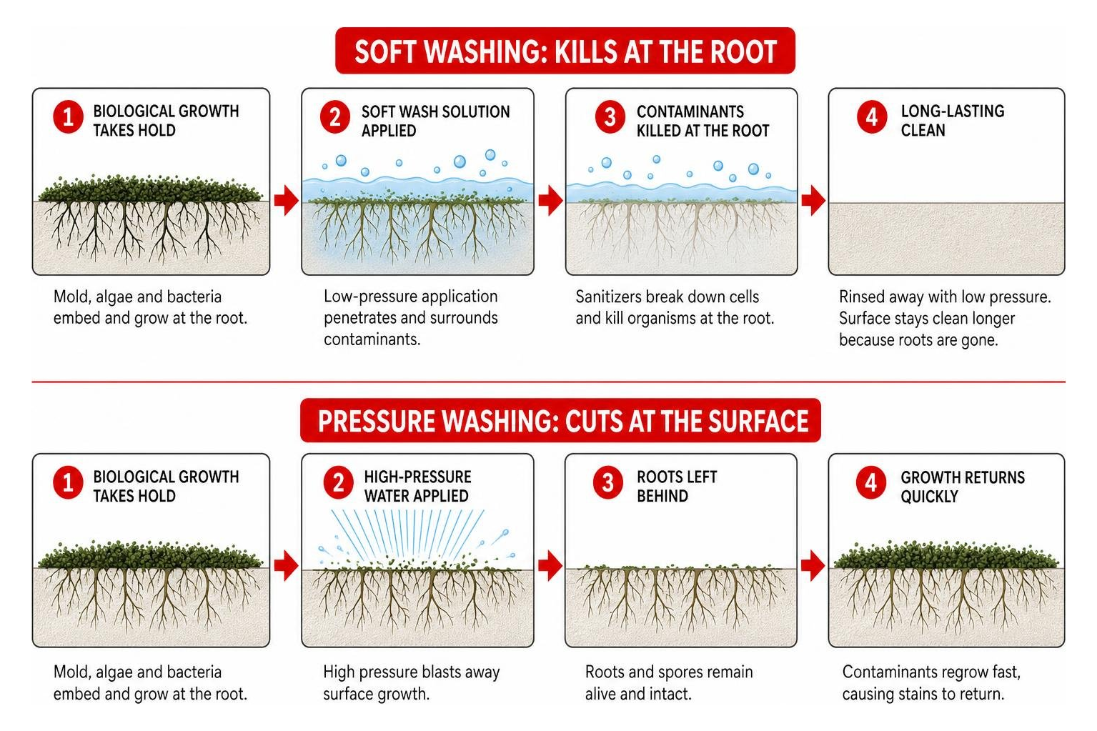 Diagram showing how soft washing kills biological contaminants at the root versus pressure washing cutting them at the Diagram showing how soft washing kills biological contaminants at the root versus pressure washing cutting them at the