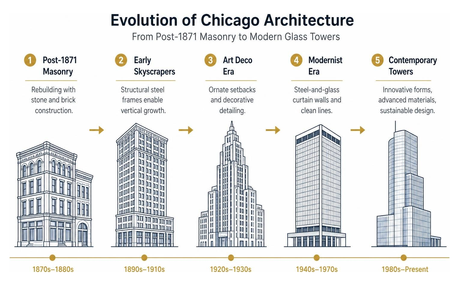 Evolution of Chicago architecture from post-1871 masonry to modern glass towers