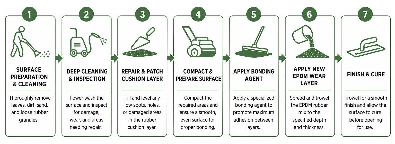Process diagram showing the step-by-step playground rubber resurfacing workflow Process diagram showing the step-by-step playground rubber resurfacing workflow