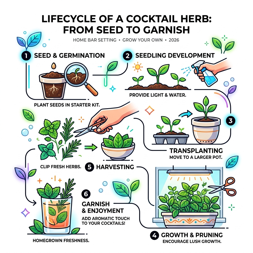 Lifecycle of a cocktail herb from seed to garnish in a home bar setting - grow your own cocktail herbs infographic 
