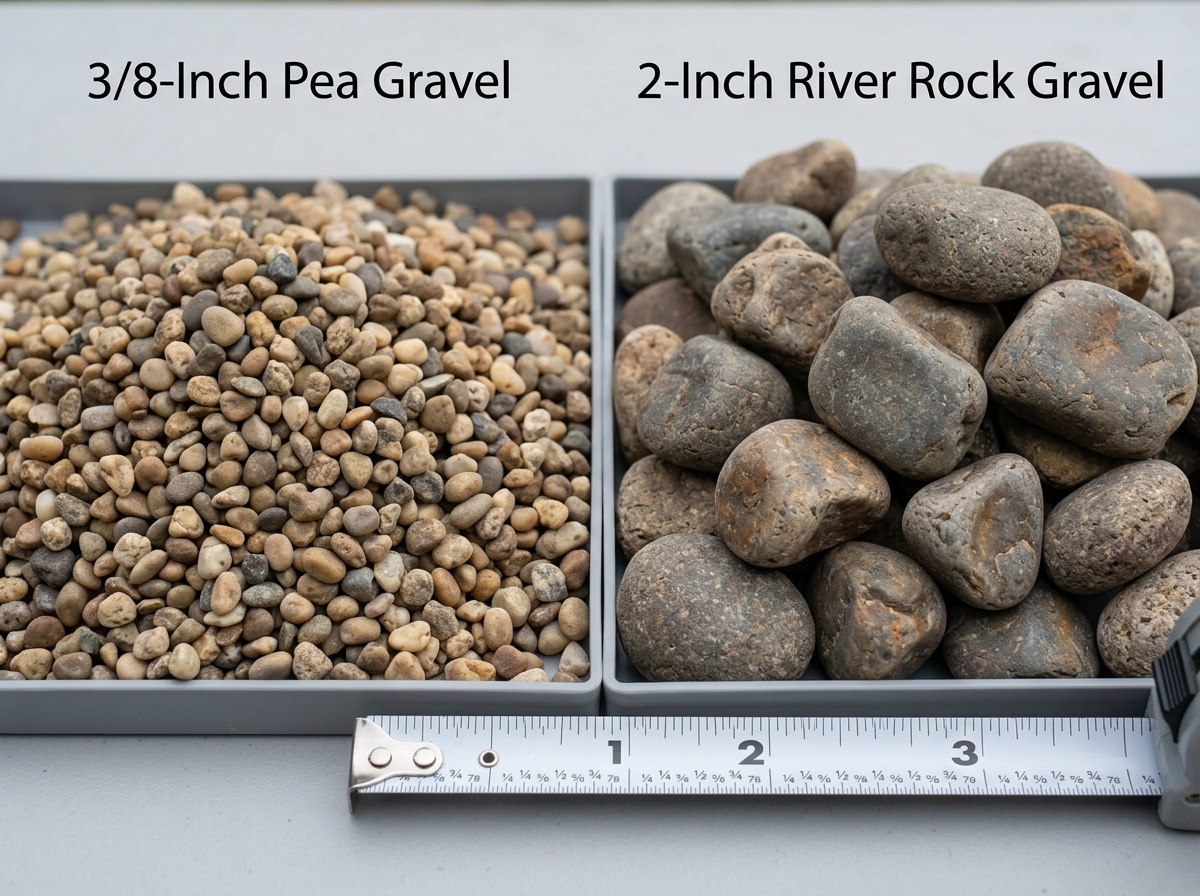 Side-by-side comparison of 3/8-inch pea gravel and 2-inch river rock gravel - river rock gravel