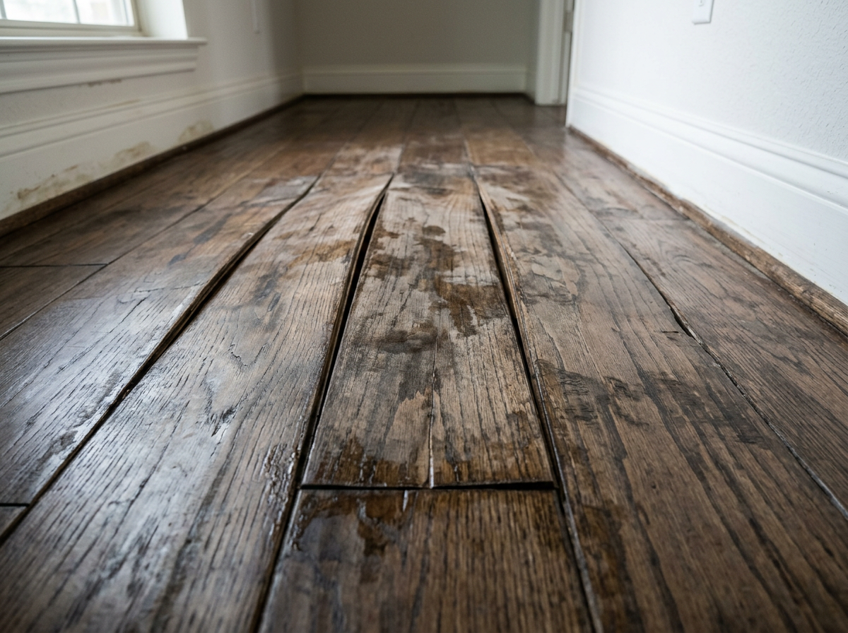 Warped wood flooring and damp stains on a home floor caused by a slab leak Warped wood flooring and damp stains on a home floor caused by a slab leak