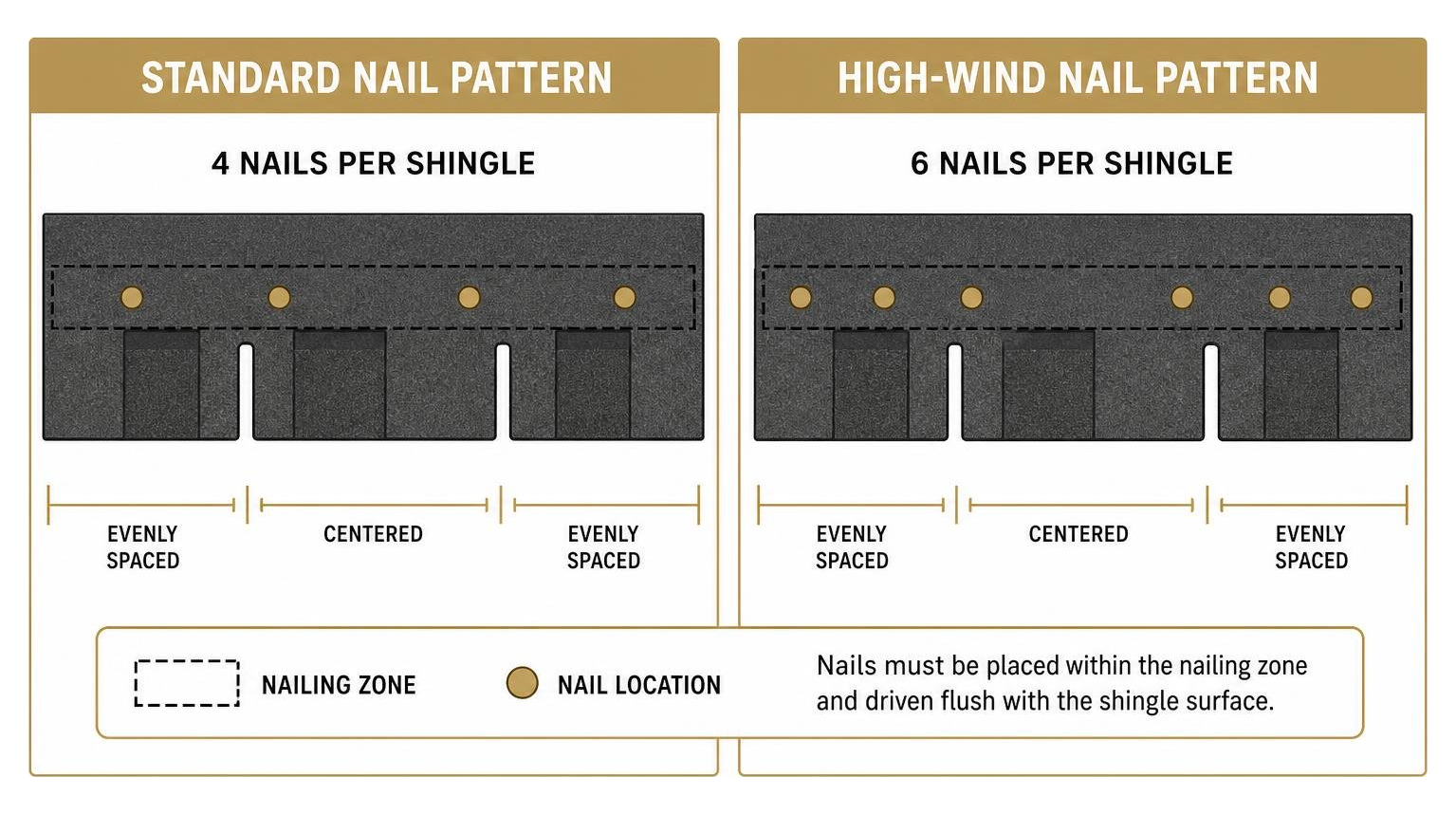 Standard vs high-wind roofing nail patterns Standard vs high-wind roofing nail patterns