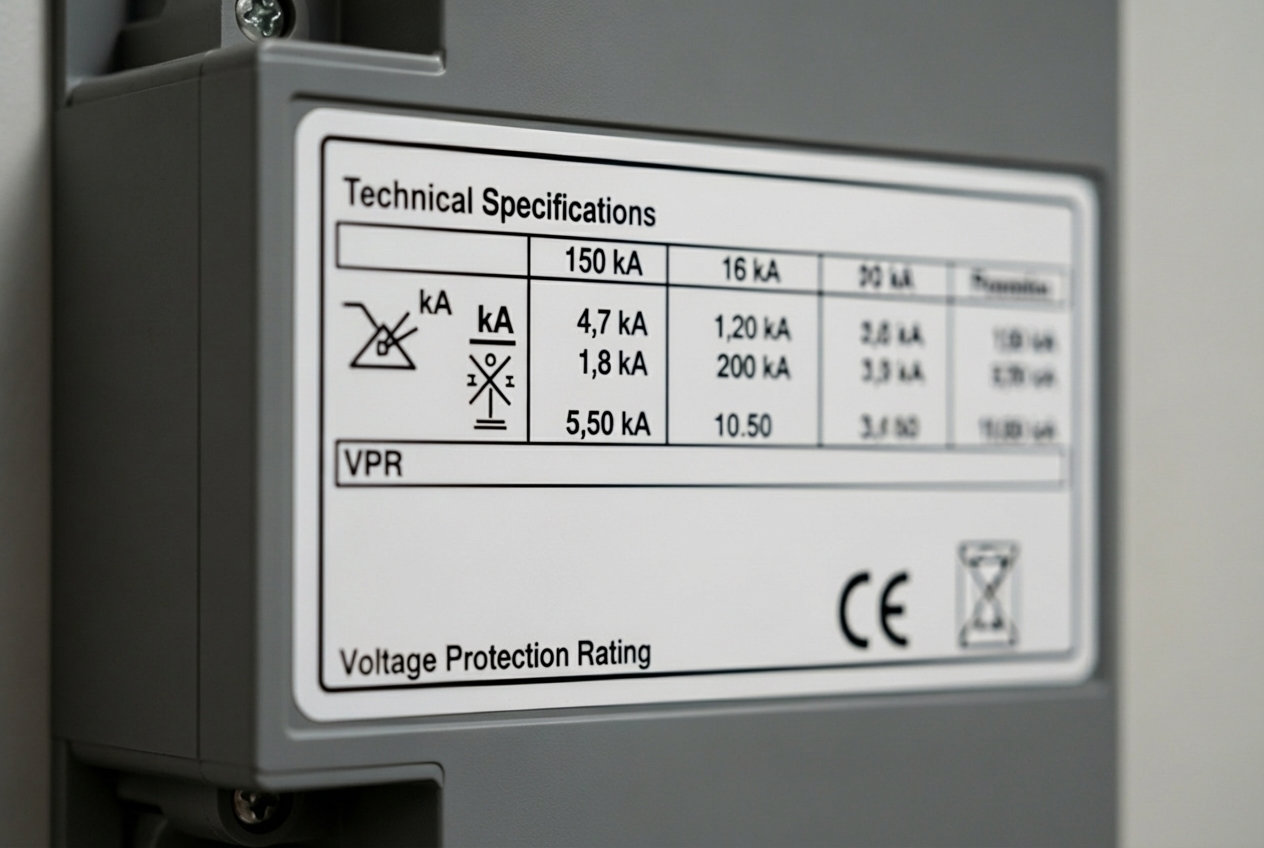 surge protector's label with kA, VPR, and UL certification - home panel surge protector