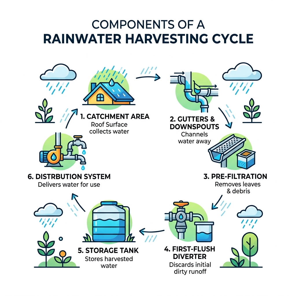 Components of a rainwater harvesting cycle infographic - rainwater harvesting system setup infographic Components of a rainwater harvesting cycle infographic - rainwater harvesting system setup infographic