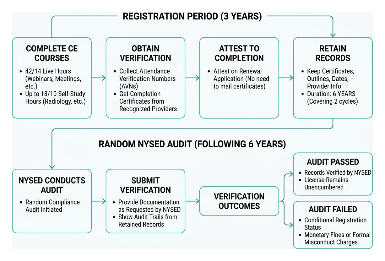 Diagram illustrating the 6-year CE recordkeeping and audit workflow Diagram illustrating the 6-year CE recordkeeping and audit workflow