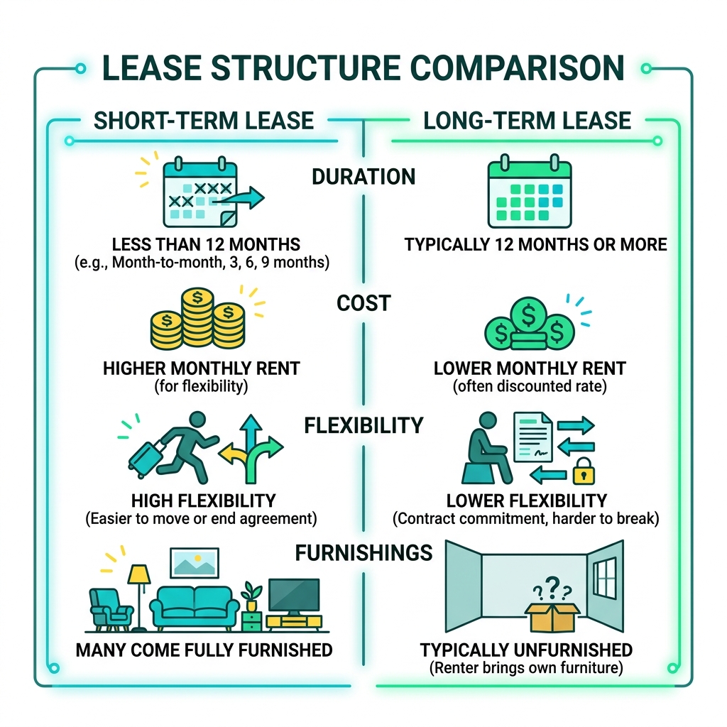 infographic comparing short-term vs long-term lease structures: duration, cost, flexibility, furnishings - short term infographic comparing short-term vs long-term lease structures: duration, cost, flexibility, furnishings - short term