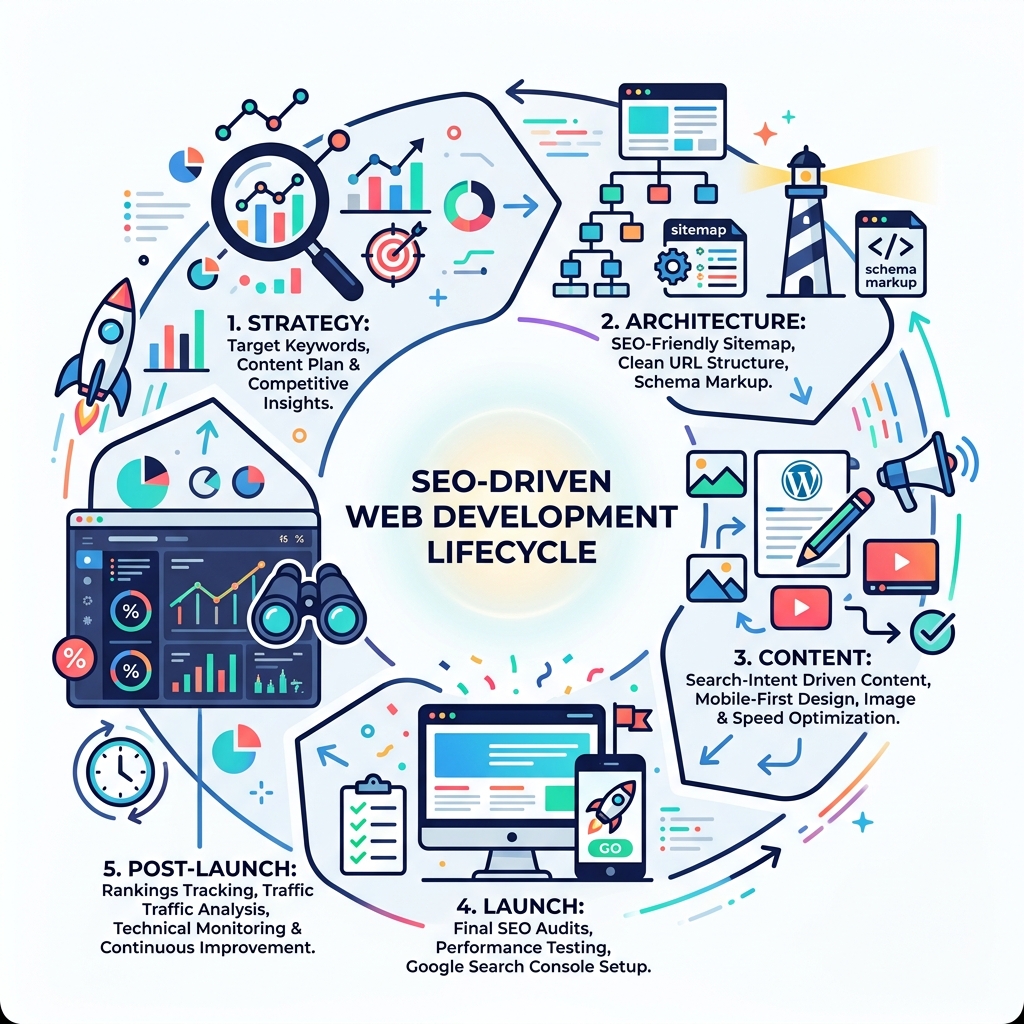SEO-driven web development lifecycle from strategy to post-launch monitoring - seo driven web development infographic 