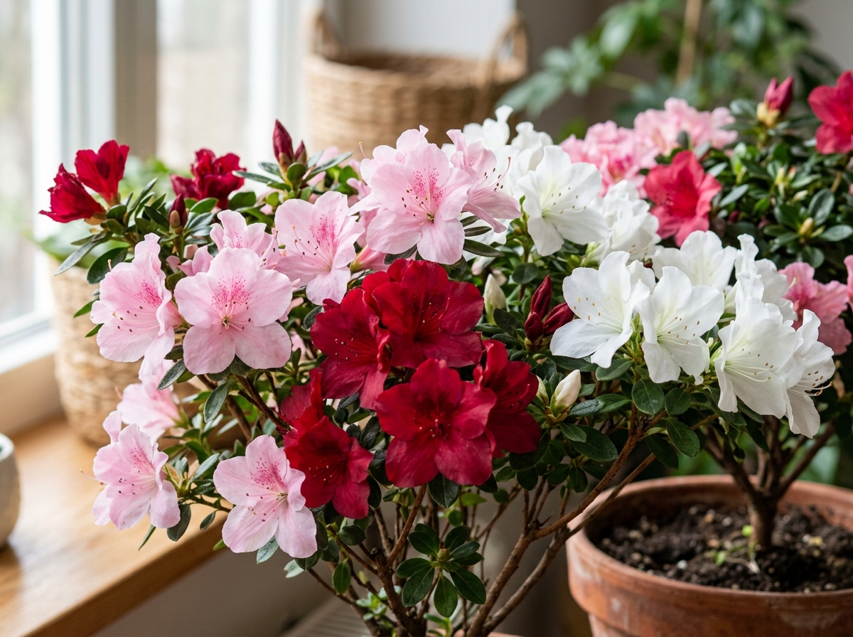 Various azalea flower colors including deep red, pastel pink, and pure white - azalea plant care indoors