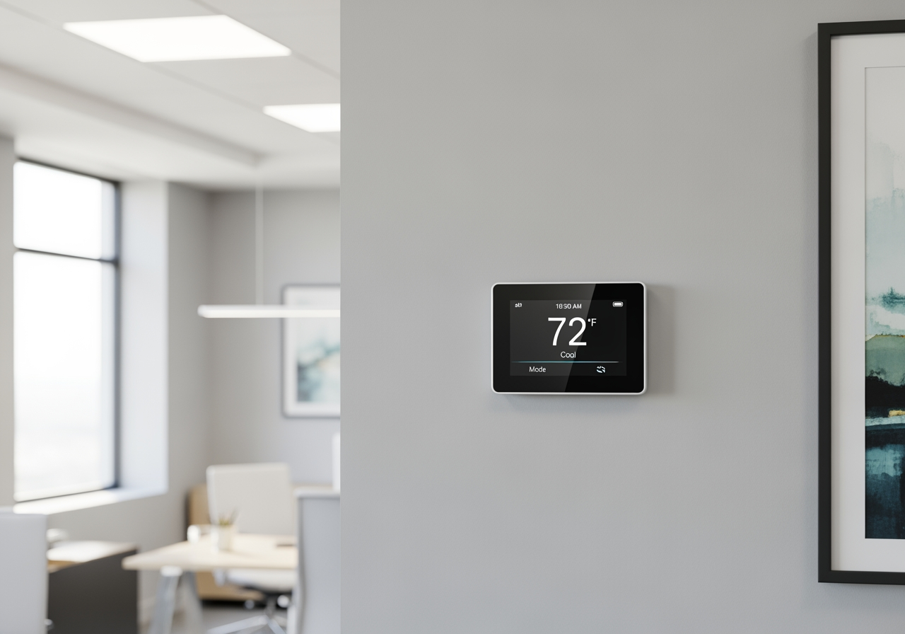 A smart thermostat in a commercial setting displaying energy savings - Commercial AC installation