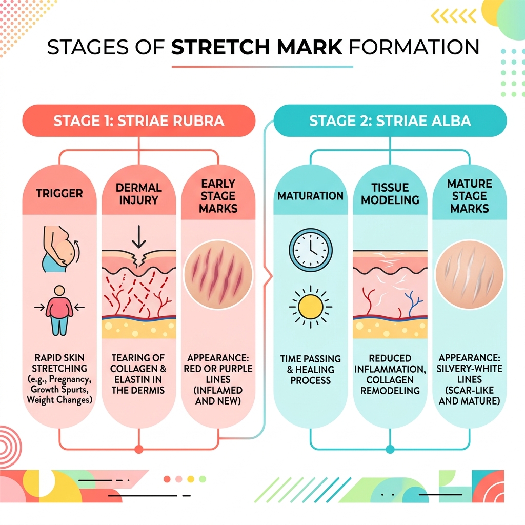 Innovative Approaches in Regenerative Aesthetics 2 Infographic explaining the stages of stretch mark formation from striae rubra to striae alba - stretch mark removal laser