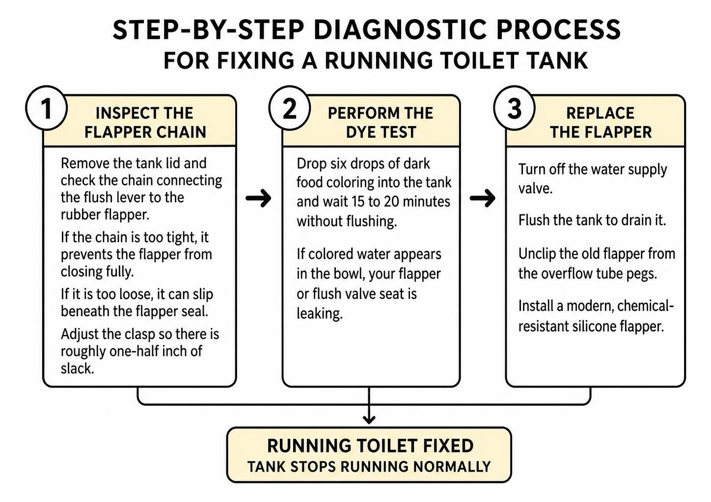 Step by step diagnostic process for fixing a running toilet tank Step by step diagnostic process for fixing a running toilet tank