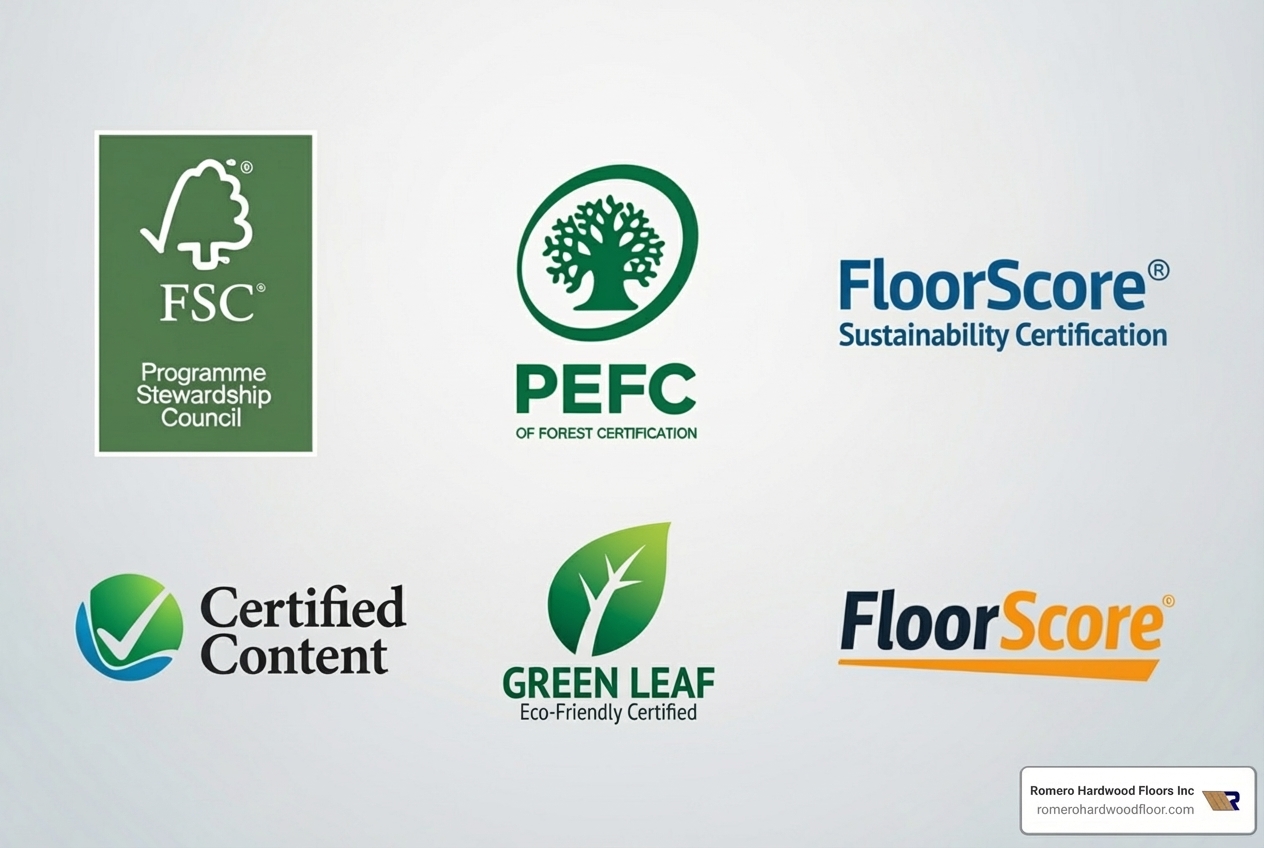 various certification logos like FSC, PEFC, and FloorScore - Sustainable wood flooring options various certification logos like FSC, PEFC, and FloorScore - Sustainable wood flooring options