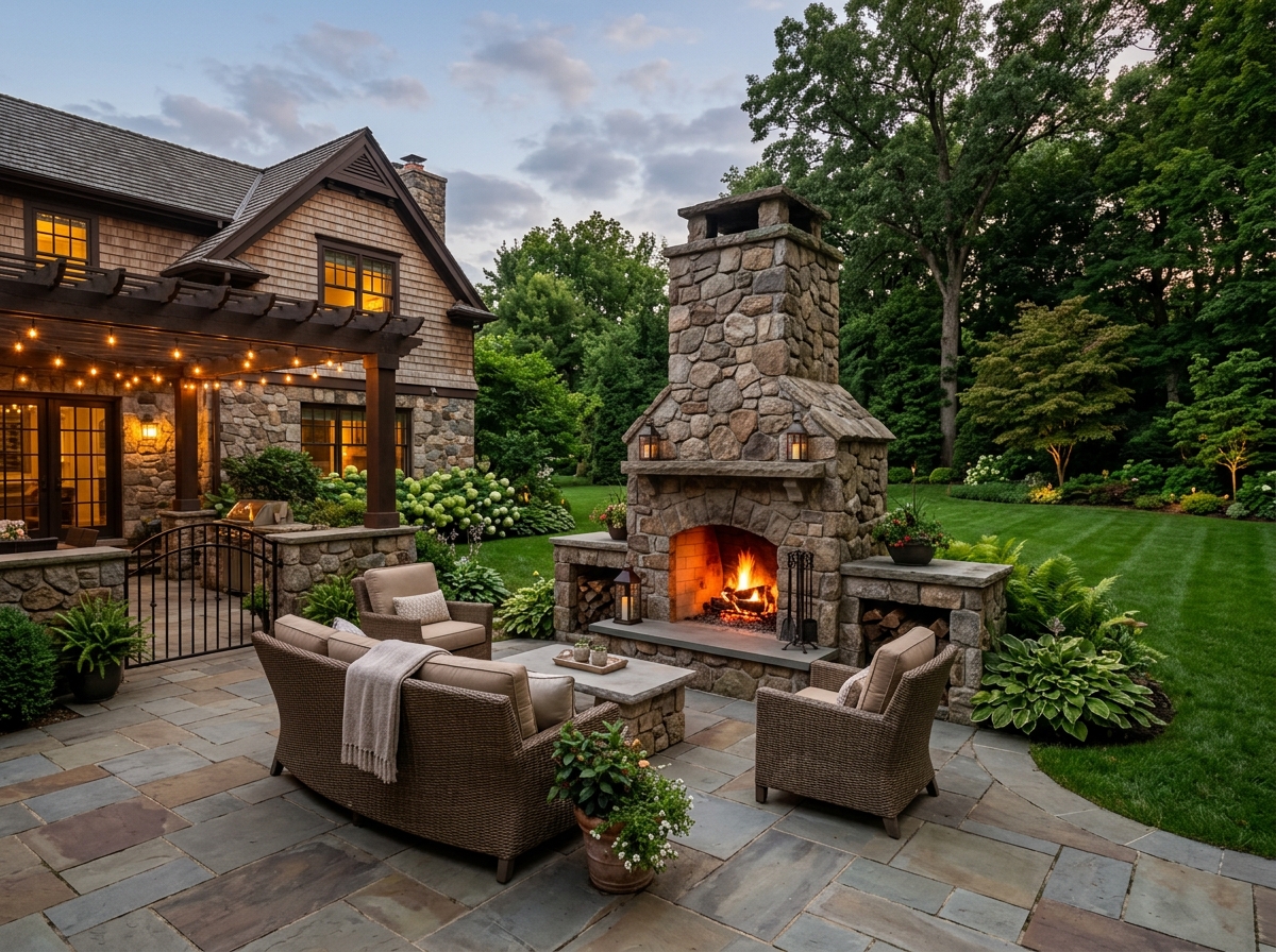 grand outdoor stone fireplace integrated into a backyard patio with comfortable seating - custom fireplace builder