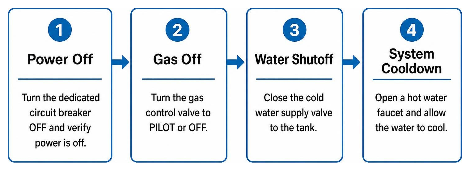 step-by-step water heater shutdown sequence: power off, gas off, water shutoff, system cooldown step-by-step water heater shutdown sequence: power off, gas off, water shutoff, system cooldown