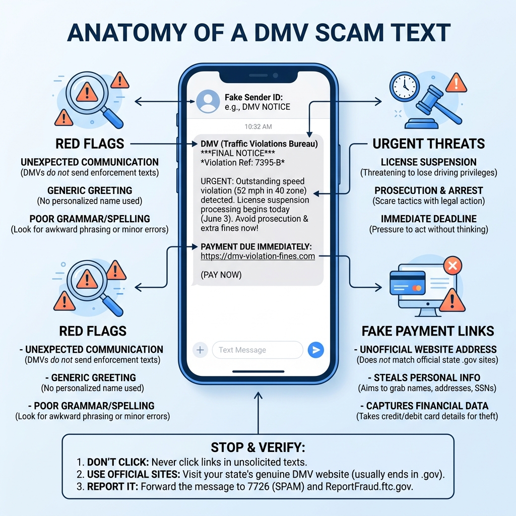 Anatomy of a DMV scam text infographic showing red flags, threats, and fake payment links - dmv scam text infographic Anatomy of a DMV scam text infographic showing red flags, threats, and fake payment links - dmv scam text infographic