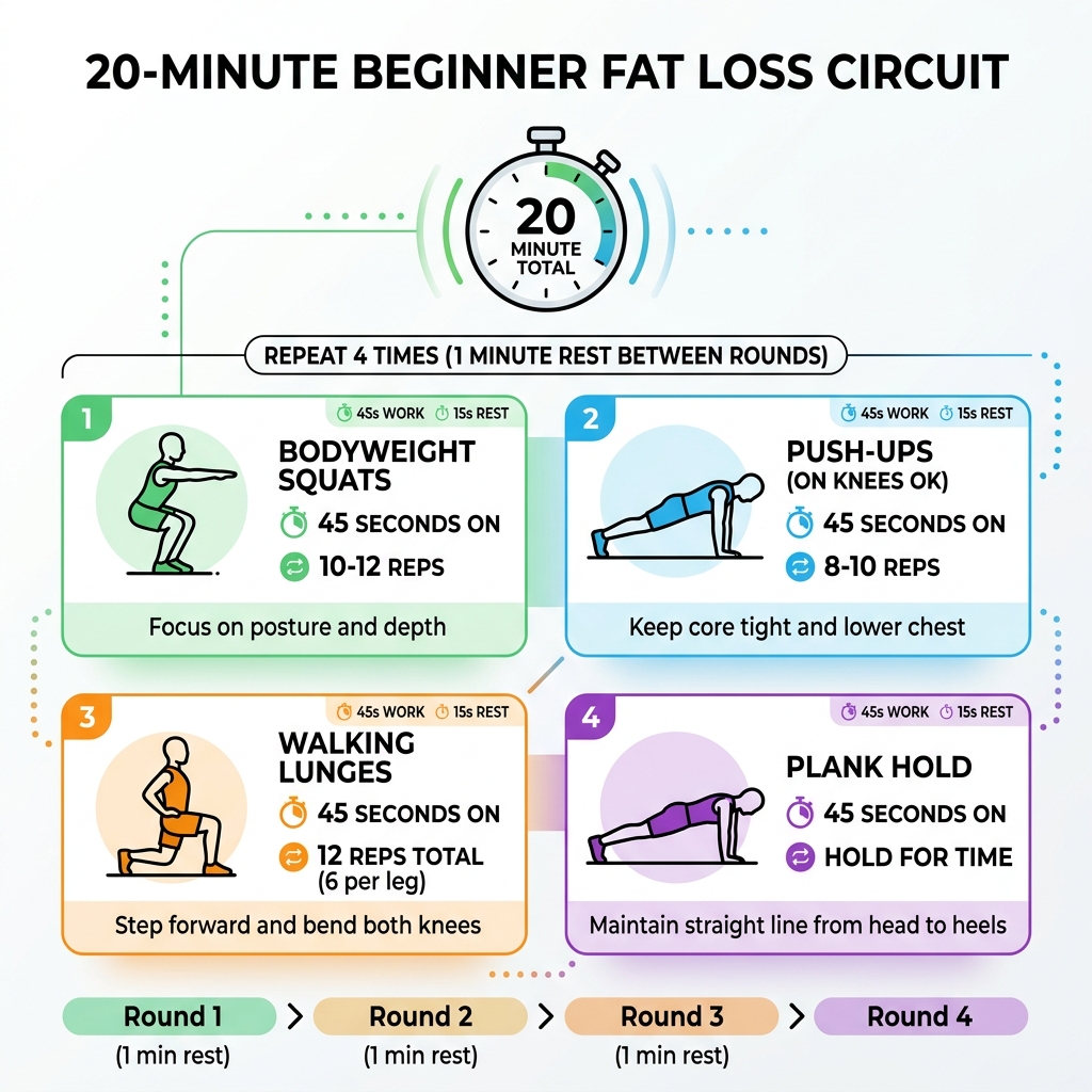 Infographic showing a 20-minute beginner fat loss circuit with exercises, reps, and rest times - beginner fat loss workout Infographic showing a 20-minute beginner fat loss circuit with exercises, reps, and rest times - beginner fat loss workout