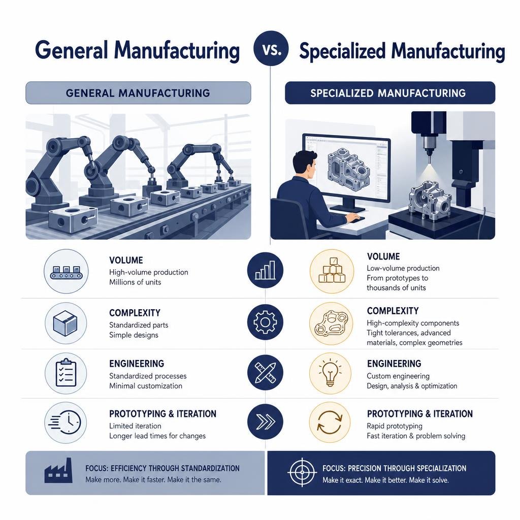 comparison of general and specialized manufacturing infographic