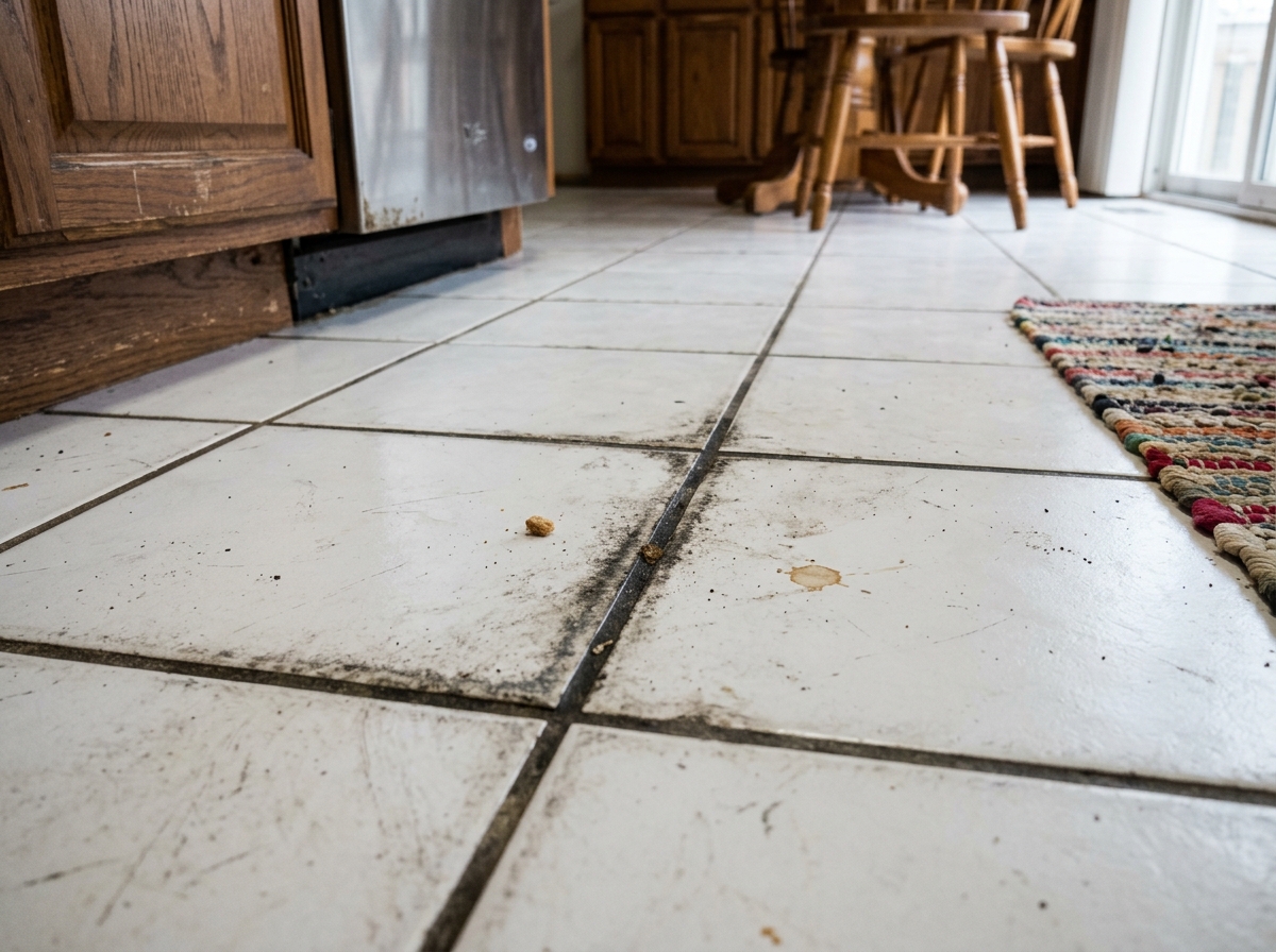 High-traffic kitchen tile with dirty grout lines - diy floor grout cleaner