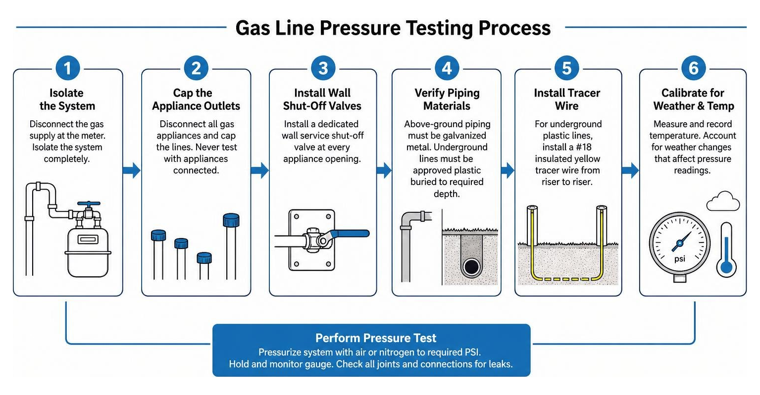 Diagram showing the step-by-step gas line pressure testing process Diagram showing the step-by-step gas line pressure testing process