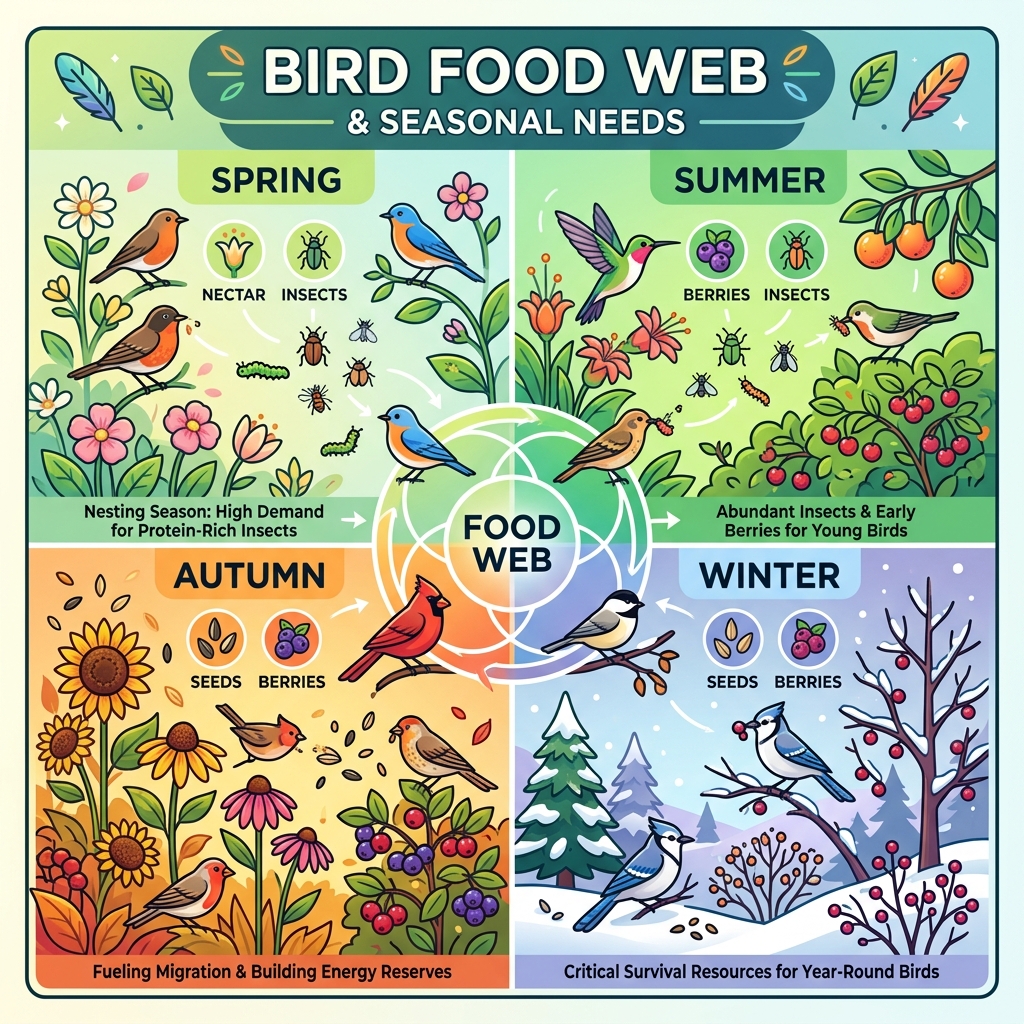 Bird food web and seasonal resource needs infographic showing seeds, berries, nectar, and insects by season - best crop for Bird food web and seasonal resource needs infographic showing seeds, berries, nectar, and insects by season - best crop for