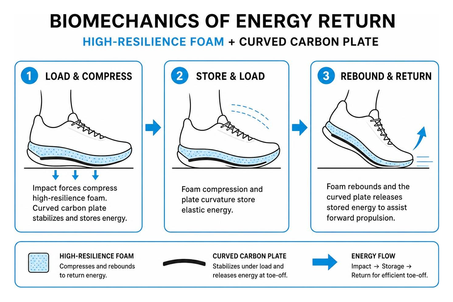 Biomechanics of energy return through high-resilience foam and curved carbon plate