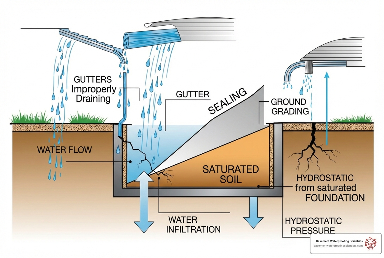 diagram illustrating multiple causes of foundation leaks (gutters, grading, cracks, pressure) - water leaking through foundation