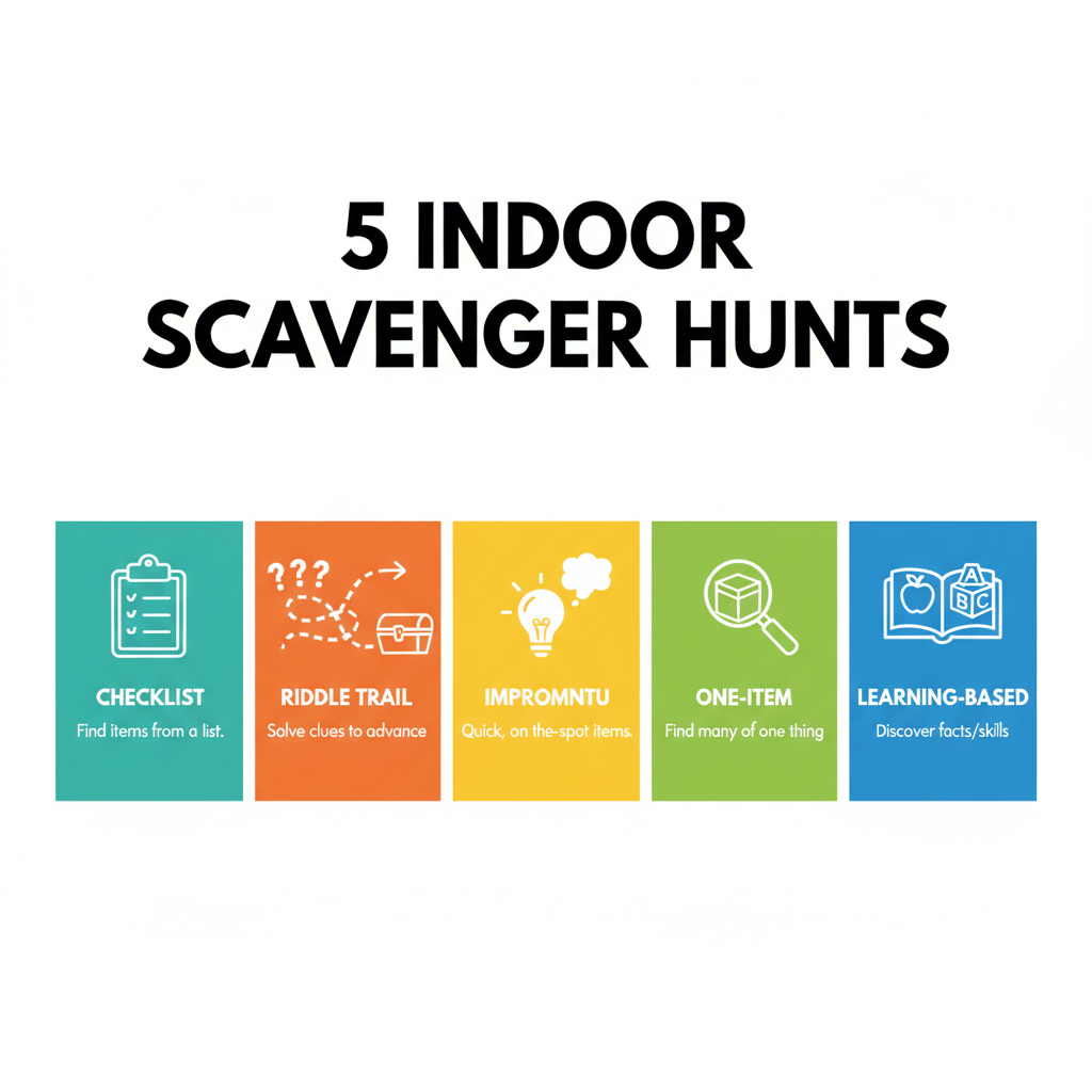 5 types of indoor scavenger hunts: checklist, riddle trail, impromptu, one-item, and learning-based - scavenger hunt around