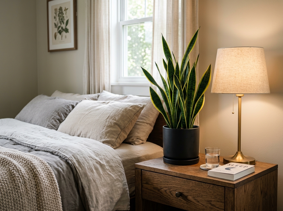 A sleek Snake Plant sitting on a wooden nightstand next to a lamp - air purifying plants bedroom