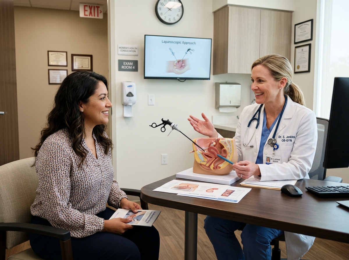 Gynecologic surgeon explaining a laparoscopic procedure to a patient - minimally invasive myomectomy Gynecologic surgeon explaining a laparoscopic procedure to a patient - minimally invasive myomectomy