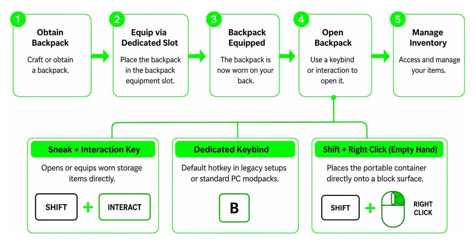 Process flow of equipping and opening a backpack in Minecraft using keybinds and dedicated slots Process flow of equipping and opening a backpack in Minecraft using keybinds and dedicated slots