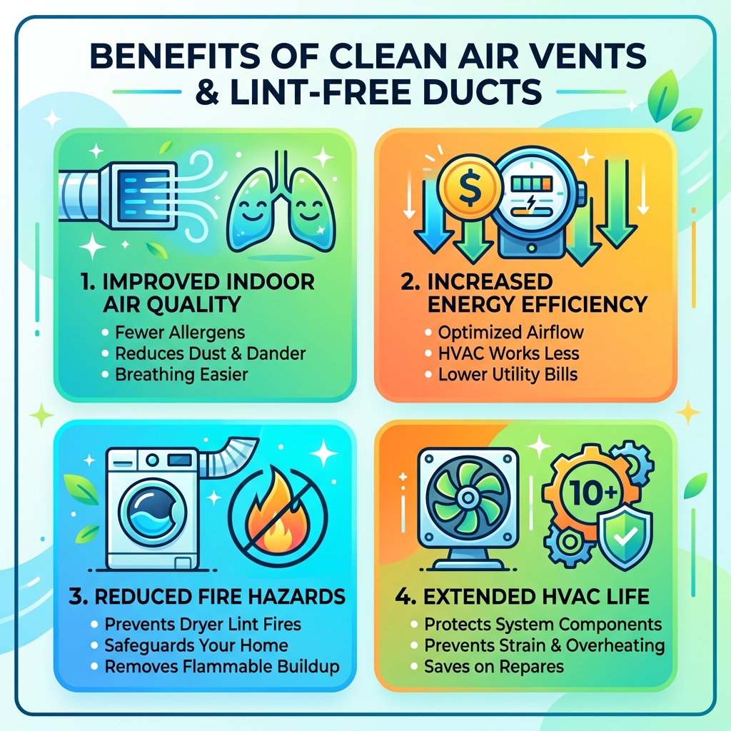 Benefits of clean air vents and lint-free ducts infographic - easy dust vent remover infographic Benefits of clean air vents and lint-free ducts infographic - easy dust vent remover infographic