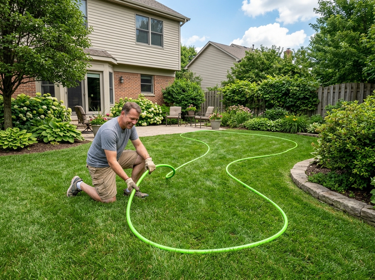 Homeowner marking a curved path using green garden hoses on a lawn - putting in a brick walkway Homeowner marking a curved path using green garden hoses on a lawn - putting in a brick walkway