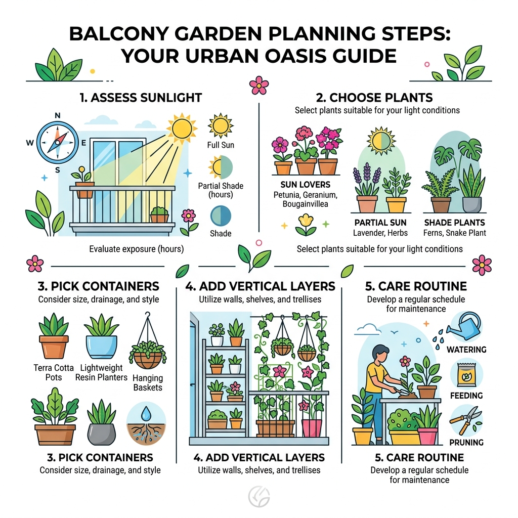 Balcony garden planning steps infographic: assess sunlight, choose plants, pick containers, add vertical layers, care