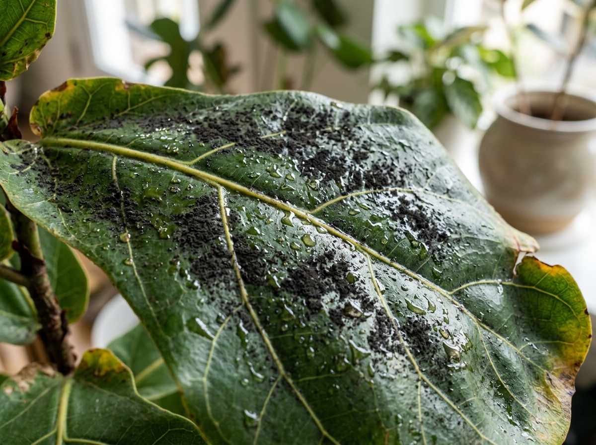 Close-up of sticky honeydew and black sooty mold on a houseplant leaf - aphid control indoor plants Close-up of sticky honeydew and black sooty mold on a houseplant leaf - aphid control indoor plants