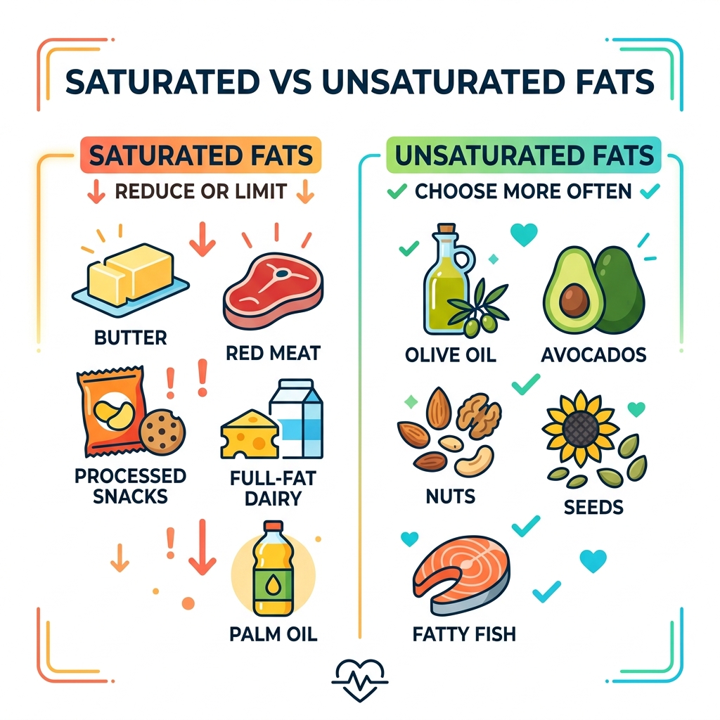 comparing saturated vs. unsaturated fat sources - healthy eating advice infographic 