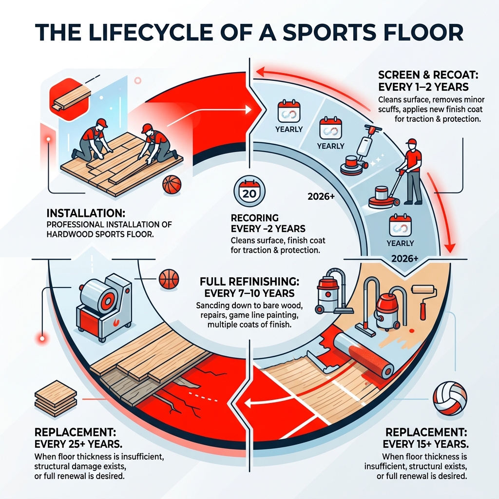 Lifecycle of a sports floor from installation through annual recoating to full refinishing and replacement - gym floor Lifecycle of a sports floor from installation through annual recoating to full refinishing and replacement - gym floor
