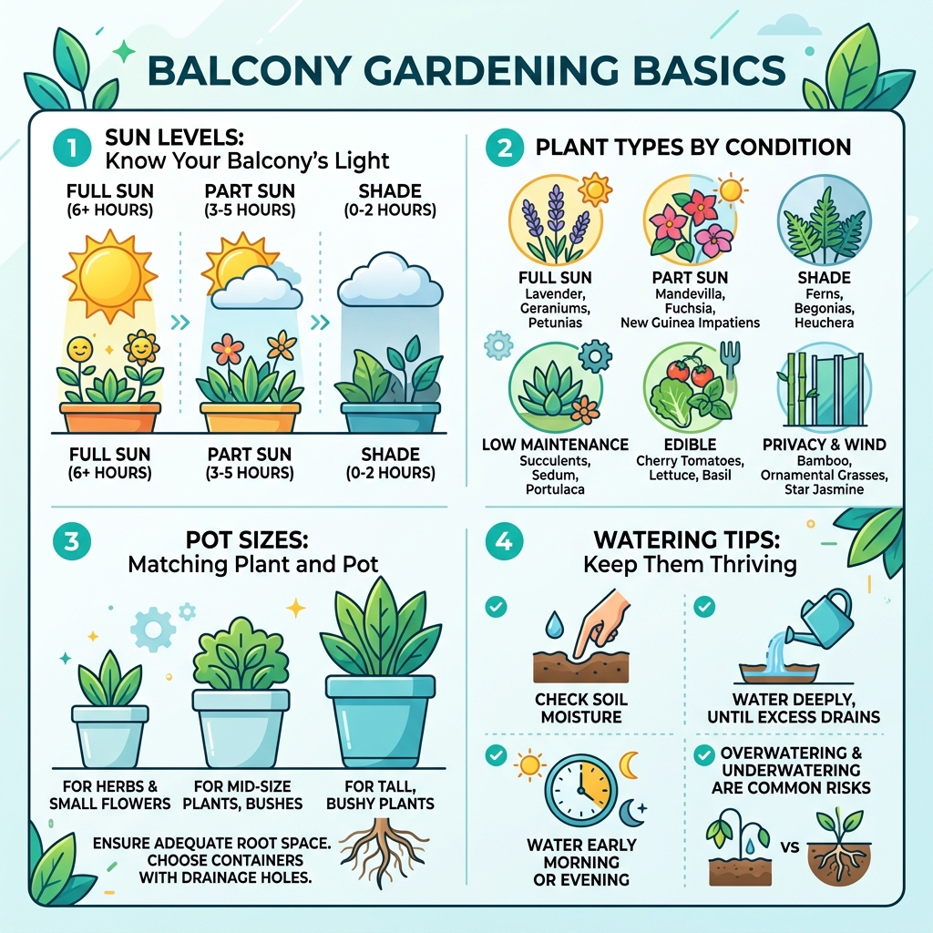 Balcony gardening basics infographic: sun levels, plant types by condition, pot sizes, and watering tips - best plants for