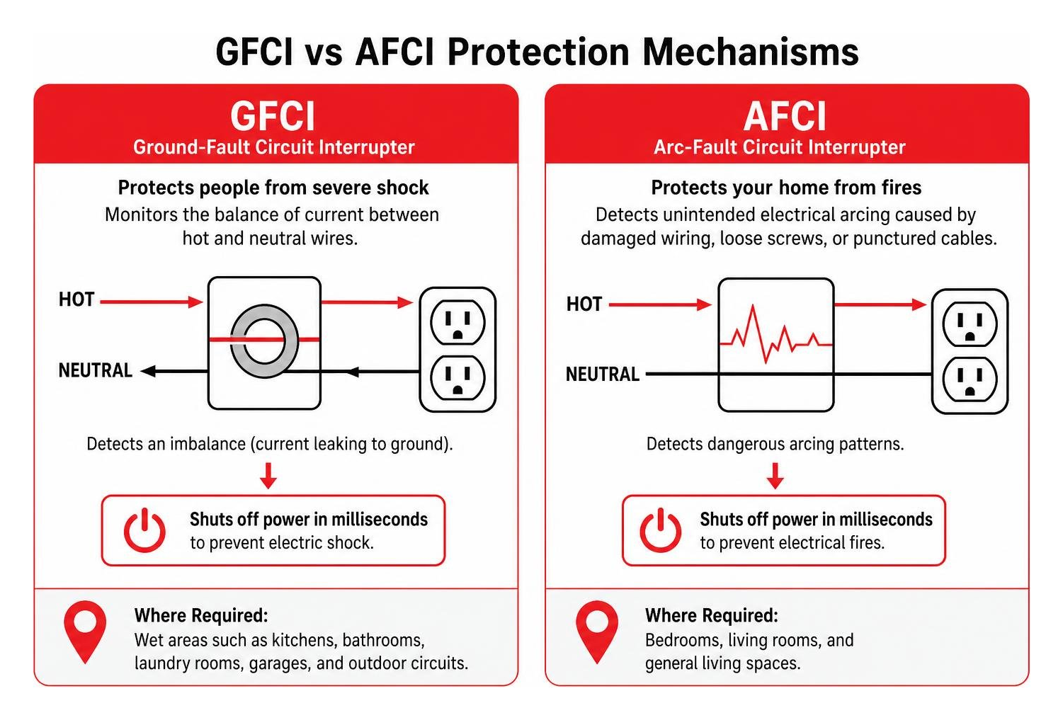 Diagram of GFCI versus AFCI protection mechanisms Diagram of GFCI versus AFCI protection mechanisms
