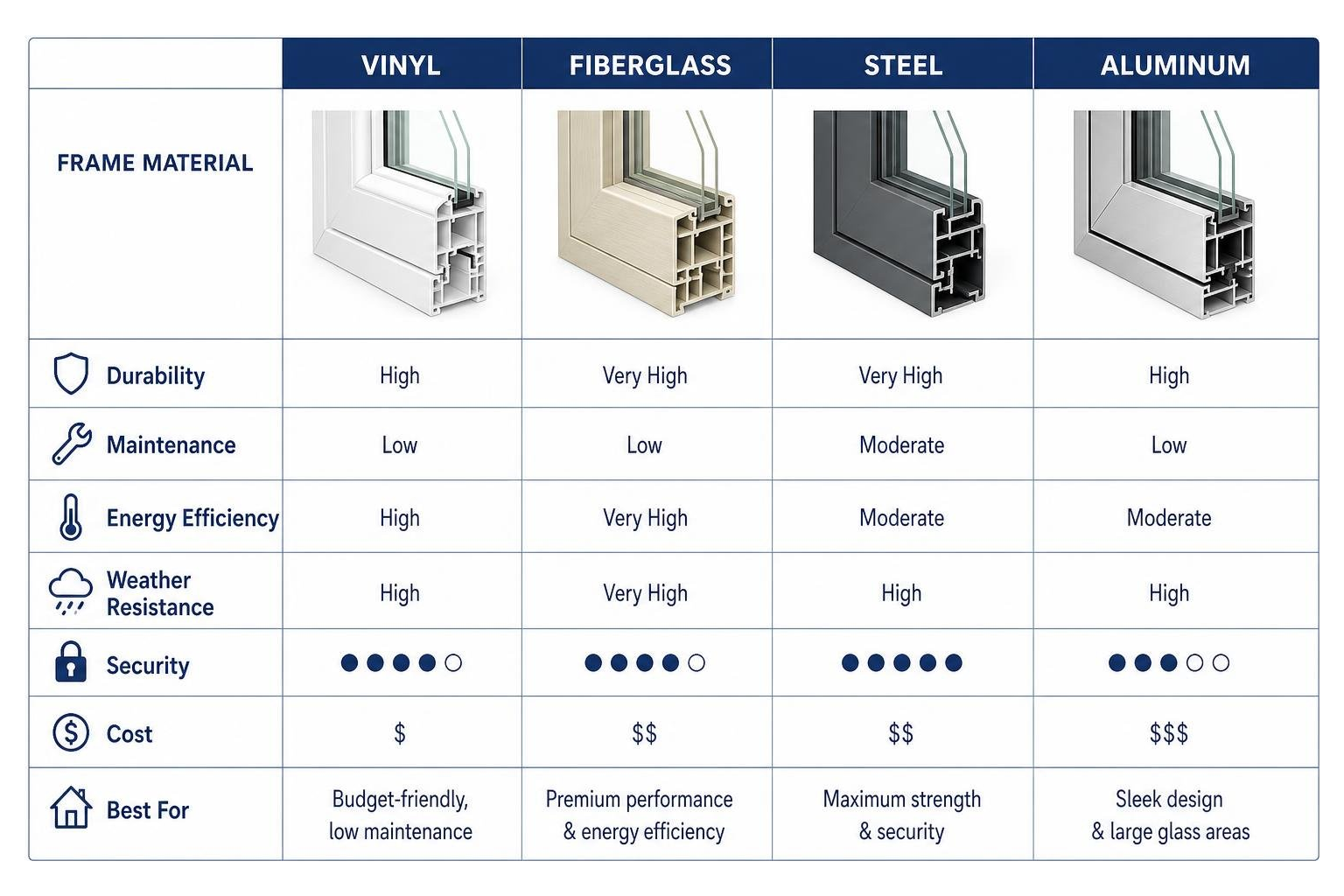 Diagram comparing vinyl, fiberglass, steel, and aluminum patio door frames Diagram comparing vinyl, fiberglass, steel, and aluminum patio door frames