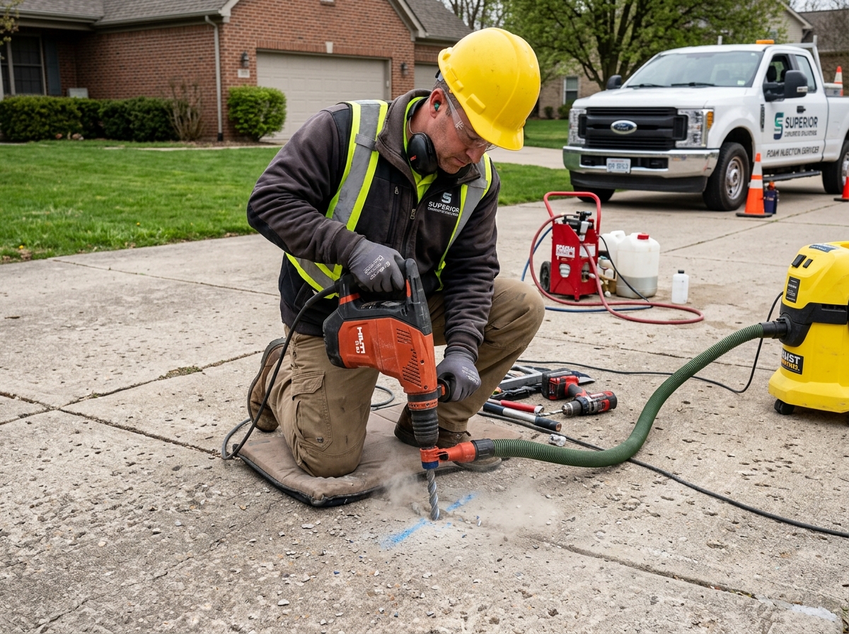 Technician drilling a small 5/8-inch hole in a concrete slab for foam injection - foam raising concrete Technician drilling a small 5/8-inch hole in a concrete slab for foam injection - foam raising concrete