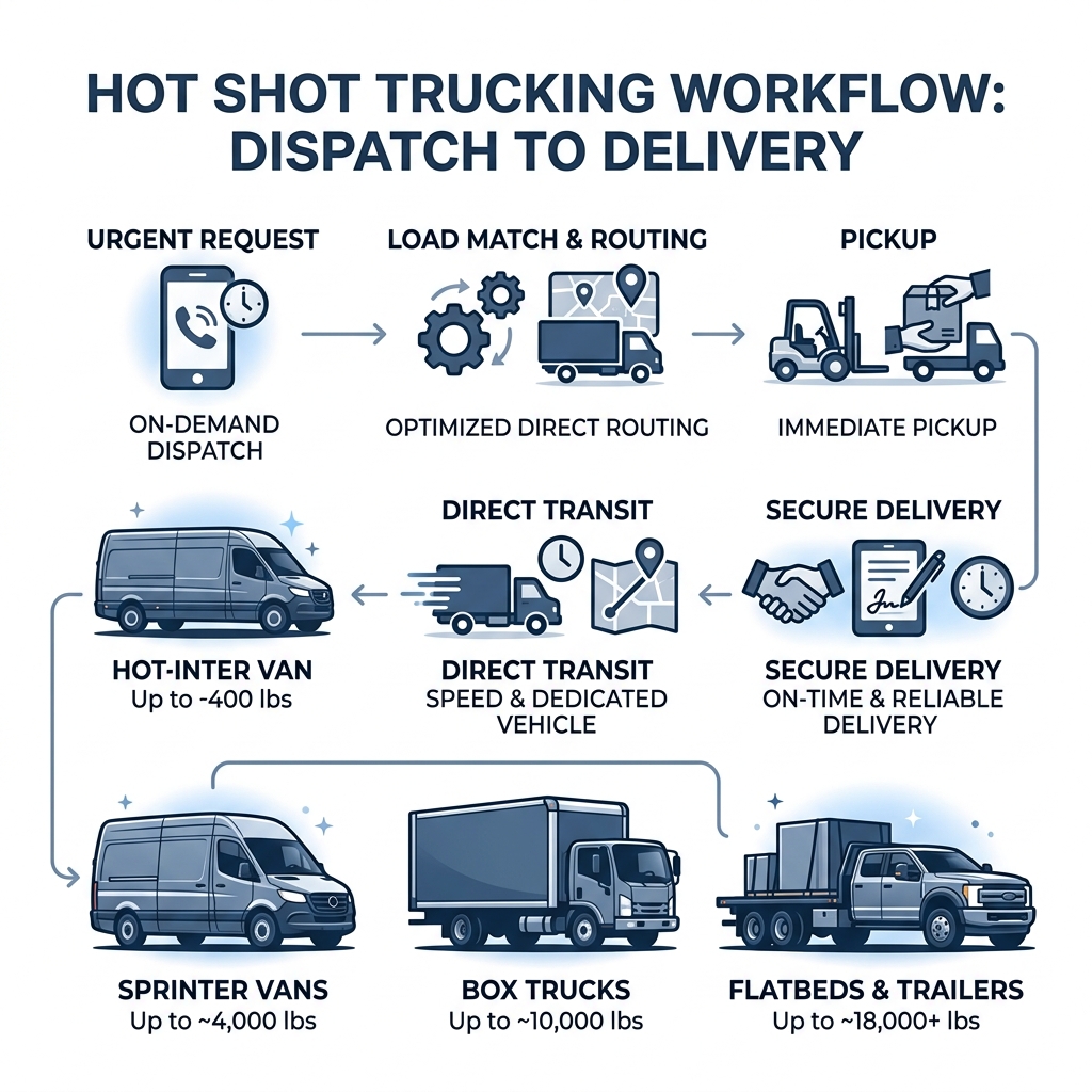 Hot shot trucking workflow from dispatch to delivery with vehicle types and key steps - hot shot trucking services
