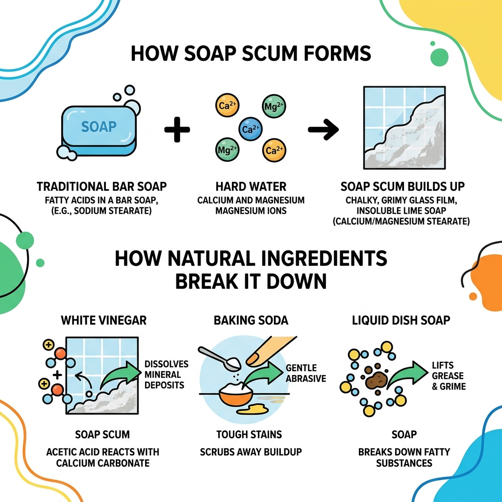How soap scum forms and how natural ingredients break it down - natural soap scum remover infographic 