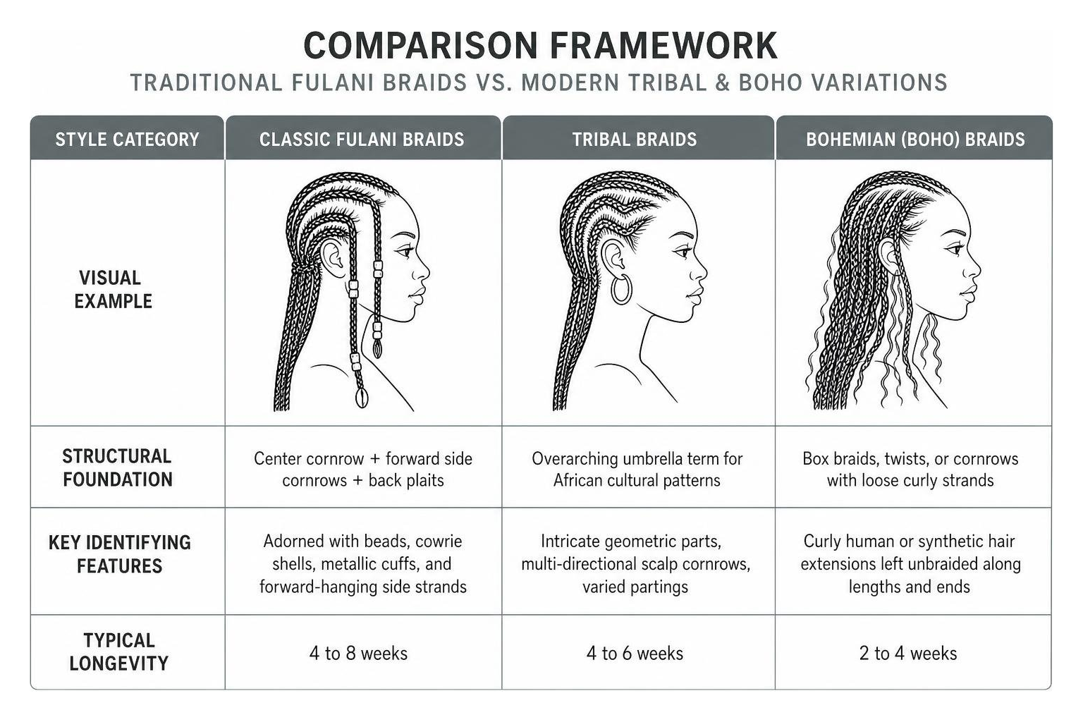 Comparison framework of traditional Fulani braids versus modern tribal and boho variations Comparison framework of traditional Fulani braids versus modern tribal and boho variations
