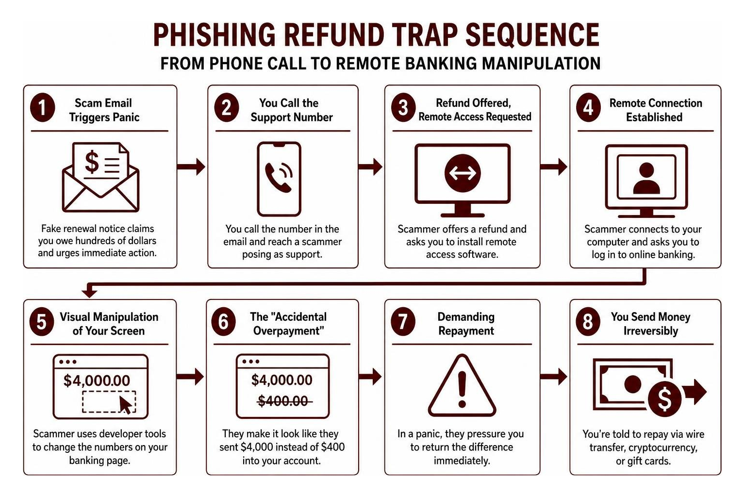 Phishing refund trap sequence from phone call to remote banking manipulation Phishing refund trap sequence from phone call to remote banking manipulation