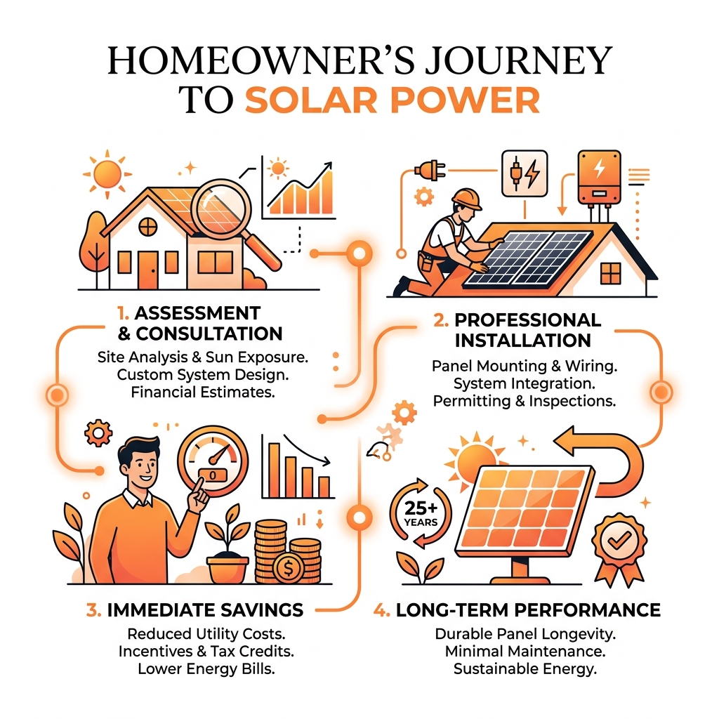 Homeowner's journey to solar power: assessment, installation, savings, and long-term performance overview - guide to solar Homeowner's journey to solar power: assessment, installation, savings, and long-term performance overview - guide to solar