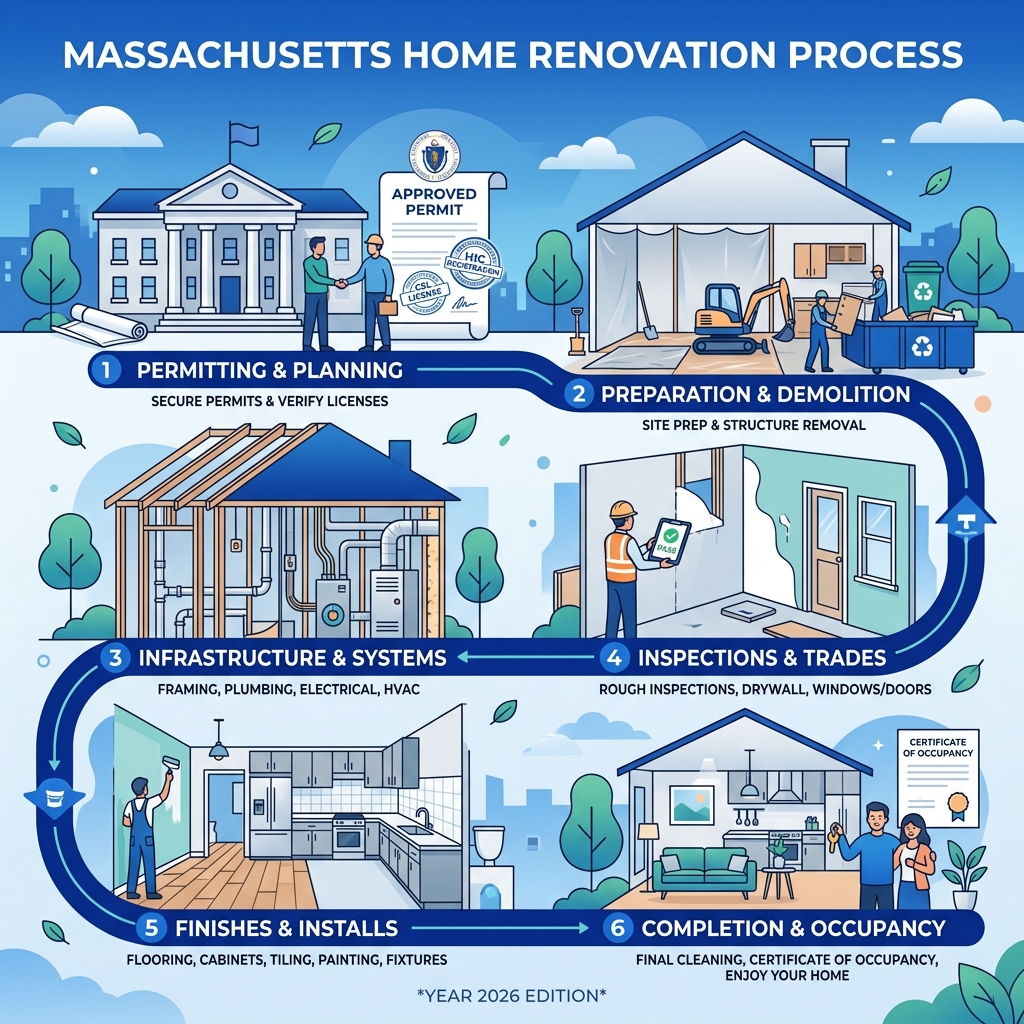 Massachusetts home renovation process from permit to project completion infographic - home renovation massachusetts Massachusetts home renovation process from permit to project completion infographic - home renovation massachusetts